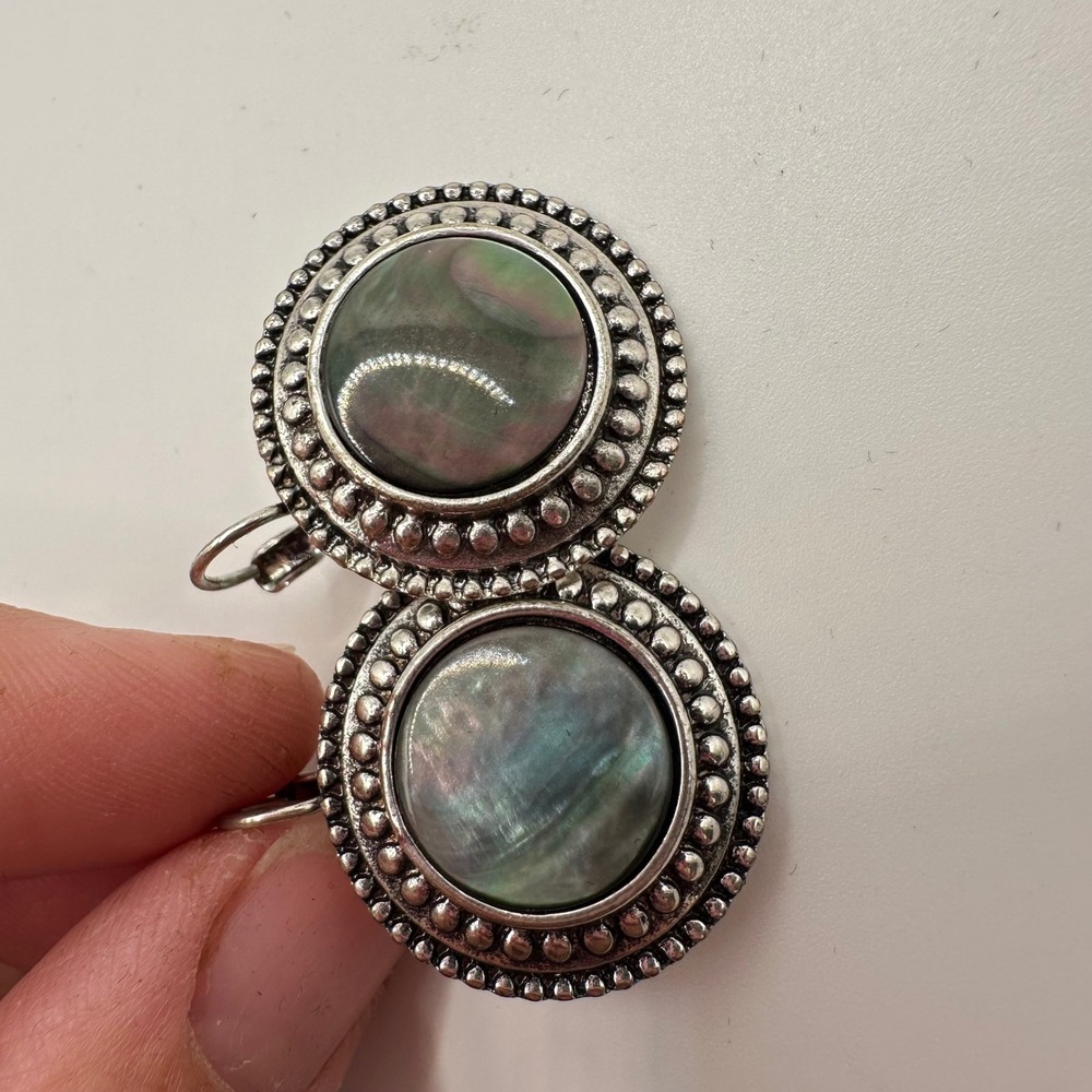 VTG Artisan Abalone Shell Silver Tone Beaded Round Leverback Earrings Boho - Picture 3 of 7